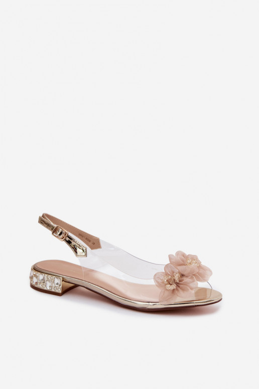 Transparent sandals with sparkling gems and mesh floral motifs D&A MR61-9006 gold