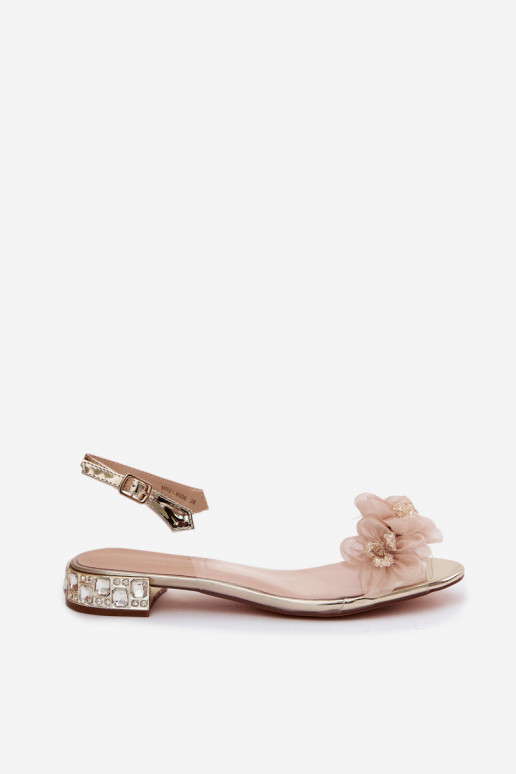 Transparent sandals with sparkling gems and mesh floral motifs D&A MR61-9006 gold
