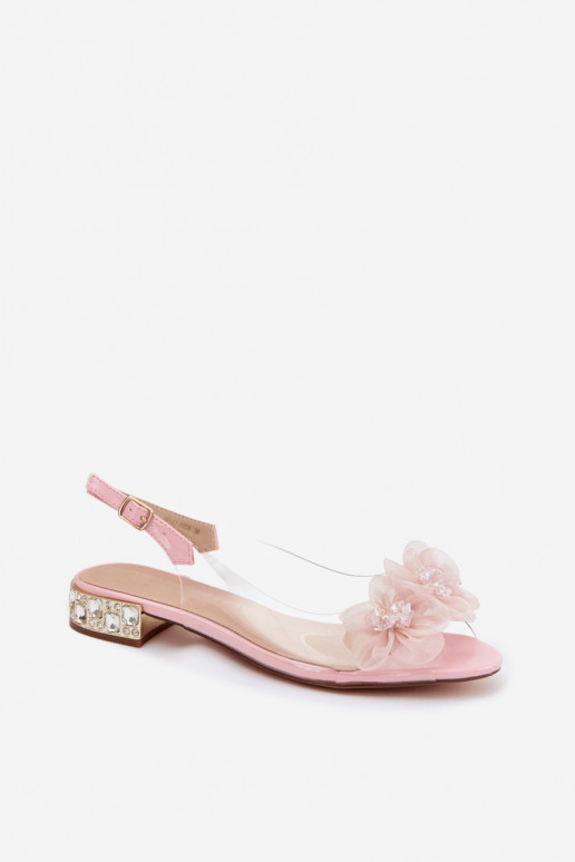 Transparent sandals with sparkling gems and mesh floral motifs D&A MR61-9006 pink