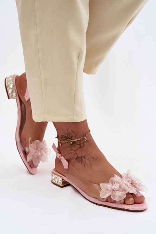 Transparent sandals with sparkling gems and mesh floral motifs D&A MR61-9006 pink