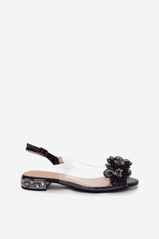 Transparent sandals with sparkling gems and mesh floral motifs D&A MR61-9006 black