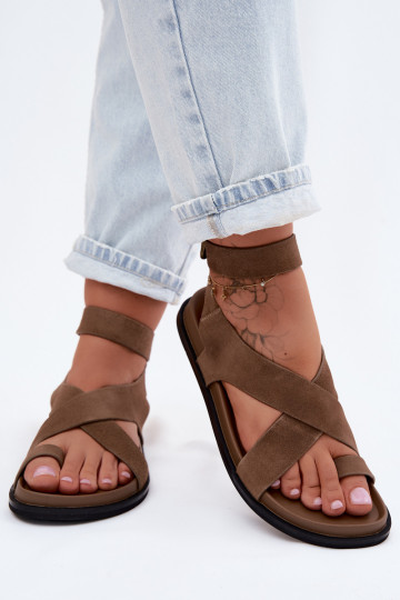 Flat Sandals Made of Natural Suede D&A CR61-3049 Dark Beige