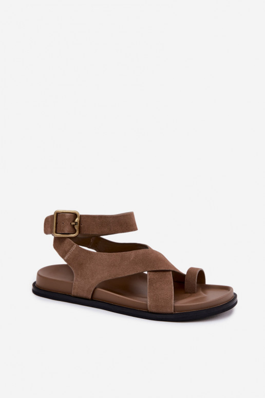 Flat Sandals Made of Natural Suede D&A CR61-3049 Dark Beige