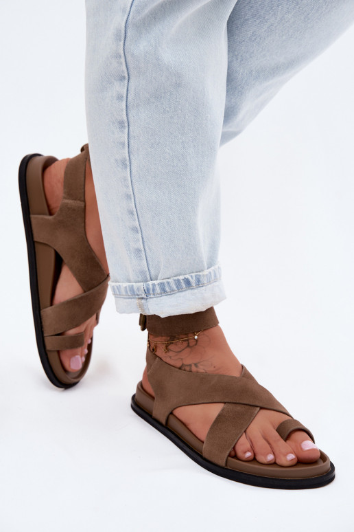 Flat Sandals Made of Natural Suede D&A CR61-3049 Dark Beige