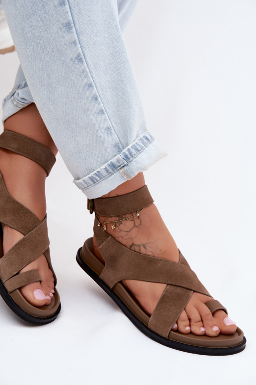 Flat Sandals Made of Natural Suede D&A CR61-3049 Dark Beige