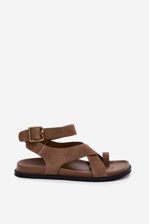 Flat Sandals Made of Natural Suede D&A CR61-3049 Dark Beige