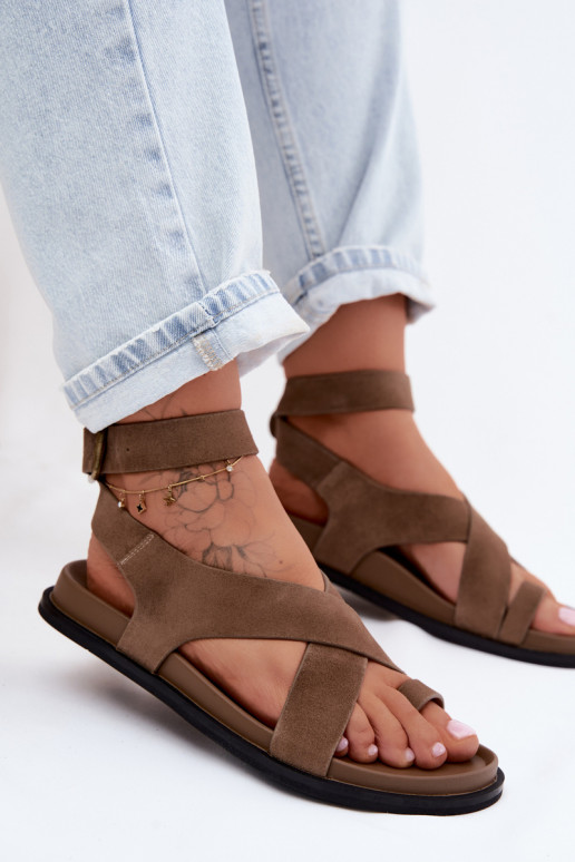 Flat Sandals Made of Natural Suede D&A CR61-3049 Dark Beige