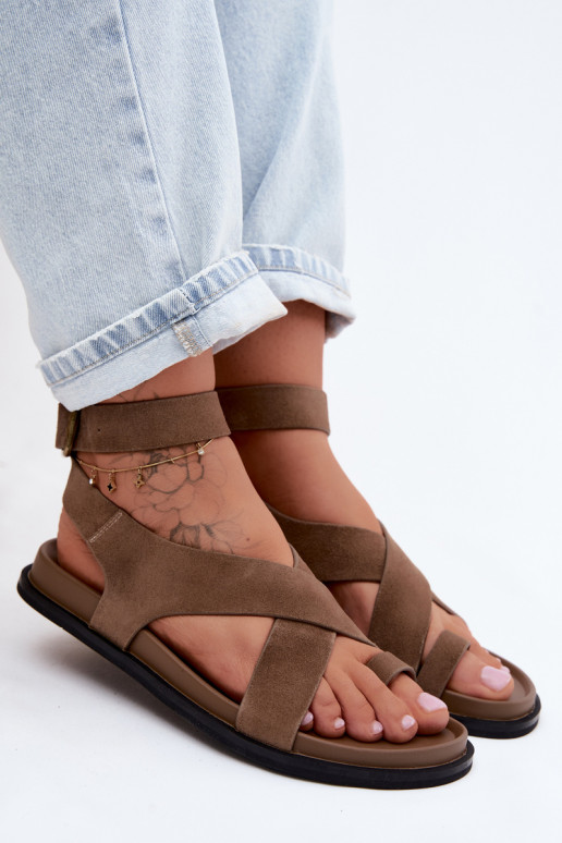 Flat Sandals Made of Natural Suede D&A CR61-3049 Dark Beige