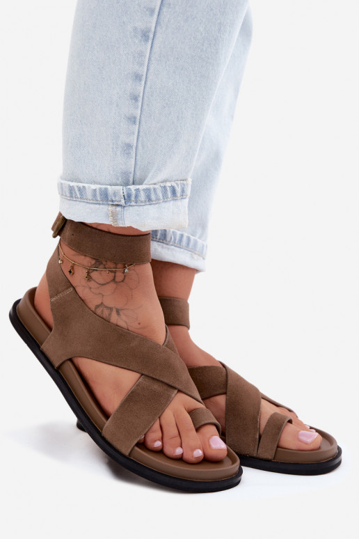 Flat Sandals Made of Natural Suede D&A CR61-3049 Dark Beige