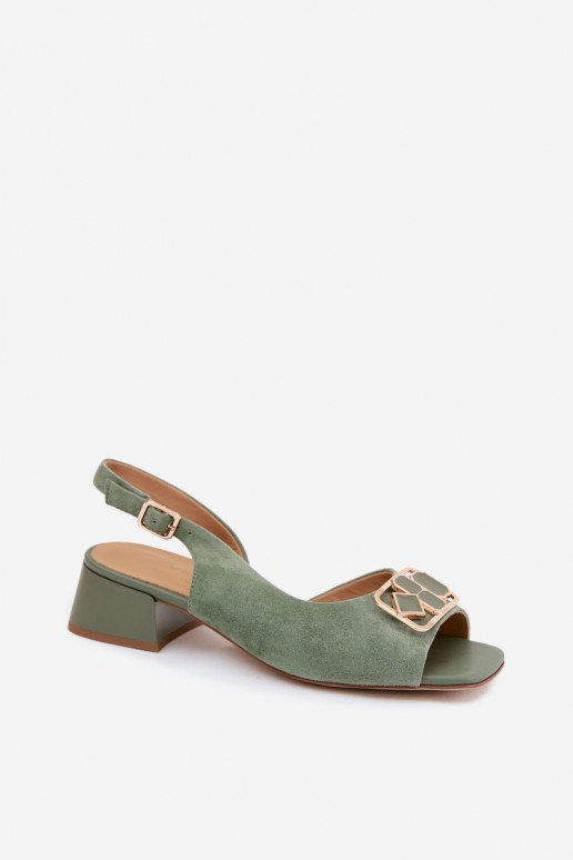 Elegant heeled sandals in green faux suede