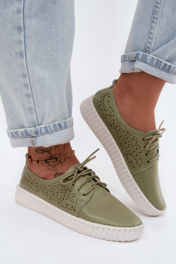 Women's Perforated Ankle Shoes With Laces Green Pearla