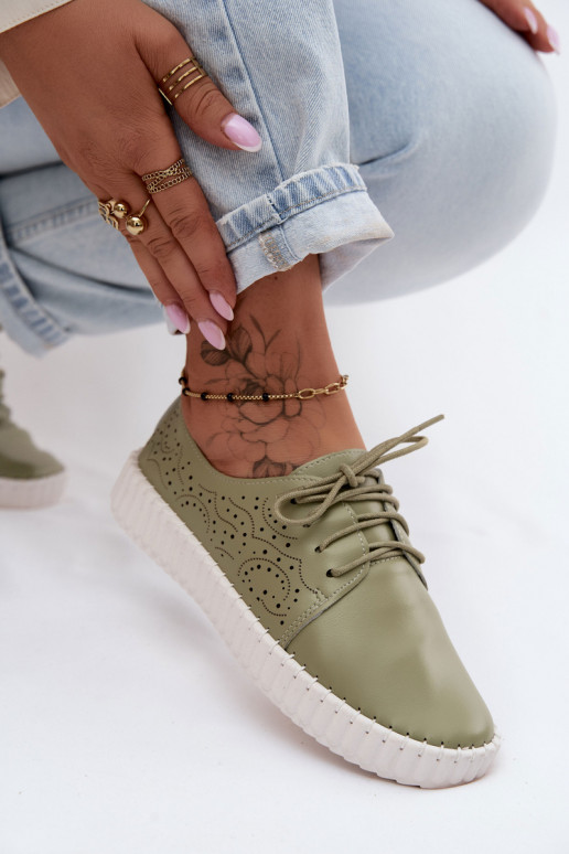 Women's Perforated Ankle Shoes With Laces Green Pearla