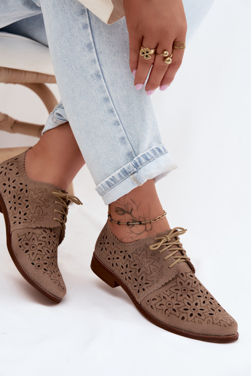 Leather Suede Women's Loafers With Cutouts Flat Heel Zazoo 4156 Cappuccino