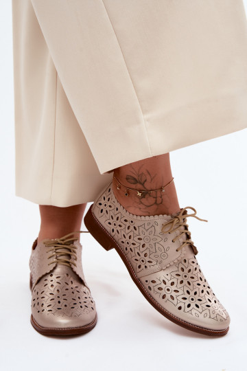 Leather Women's Perforated Flat Shoes Zazoo 4156 Gold