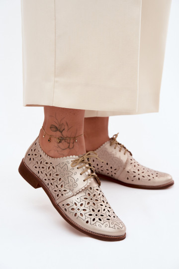Leather Women's Perforated Flat Shoes Zazoo 4156 Gold 2