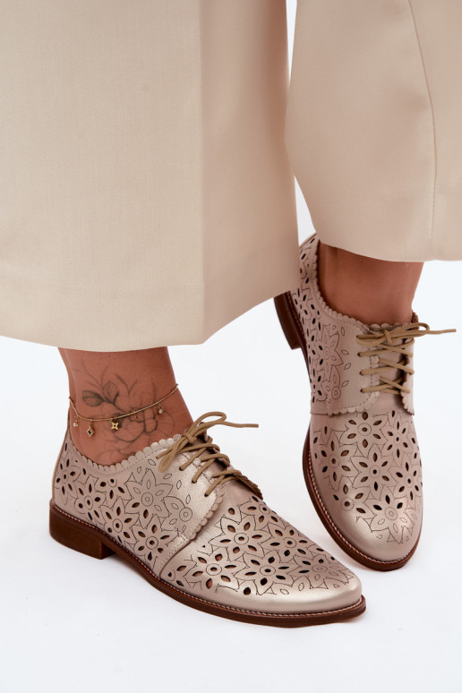 Leather Women's Perforated Flat Shoes Zazoo 4156 Gold