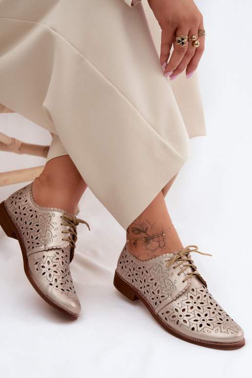 Leather Women's Perforated Flat Shoes Zazoo 4156 Gold