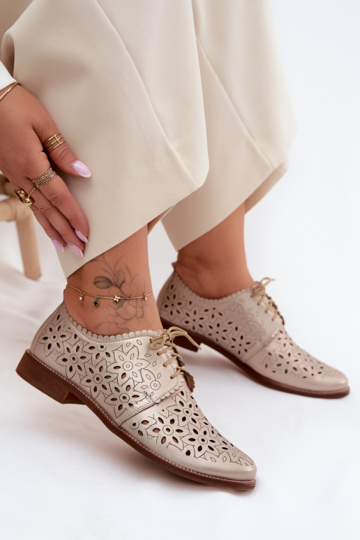 Leather Women's Perforated Flat Shoes Zazoo 4156 Gold