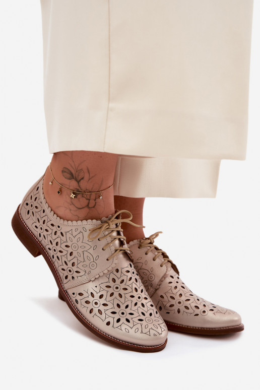 Leather Women's Perforated Flat Shoes Zazoo 4156 Gold