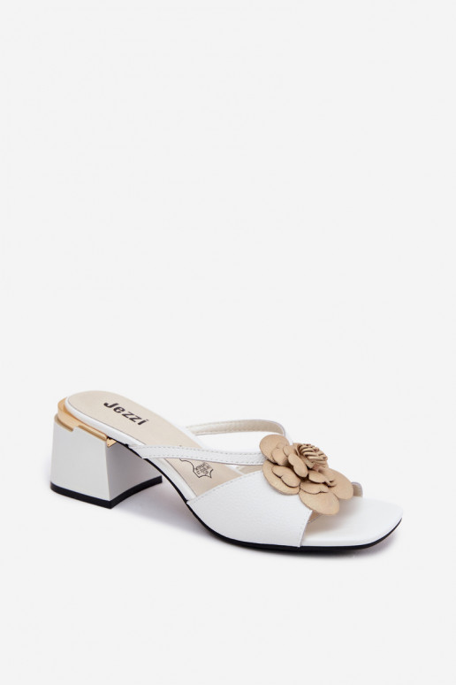 Leather Women's Heeled Sandals With Flower White Catva