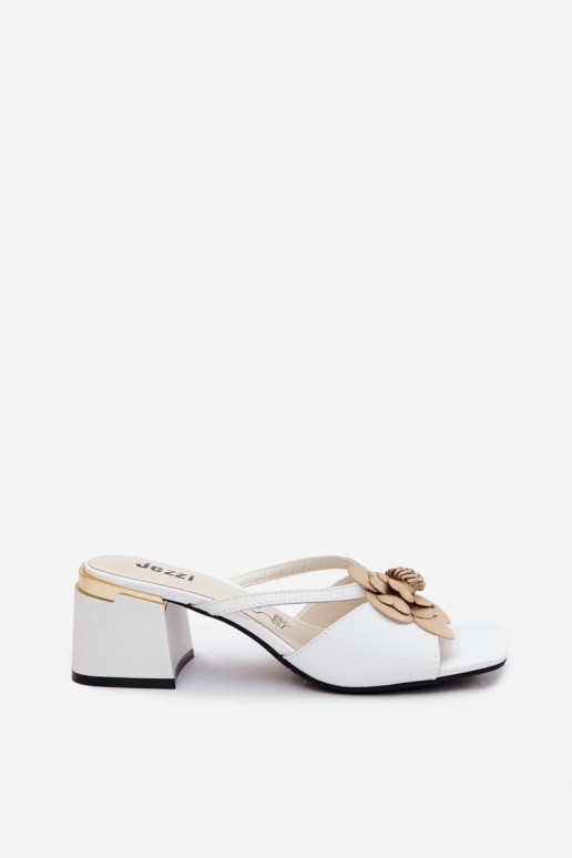 Leather Women's Heeled Sandals With Flower White Catva