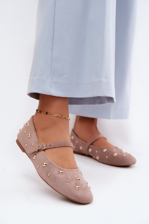 Cuddly Dark Beige Embellished Ballerinas With Strap