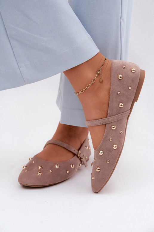 Cuddly Dark Beige Embellished Ballerinas With Strap