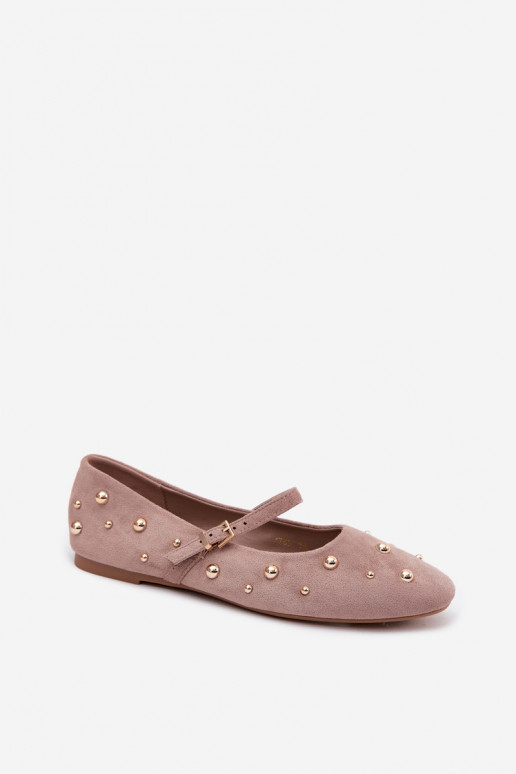 Cuddly Dark Beige Embellished Ballerinas With Strap