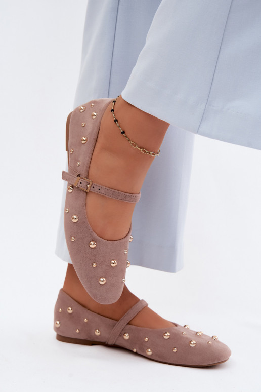 Cuddly Dark Beige Embellished Ballerinas With Strap