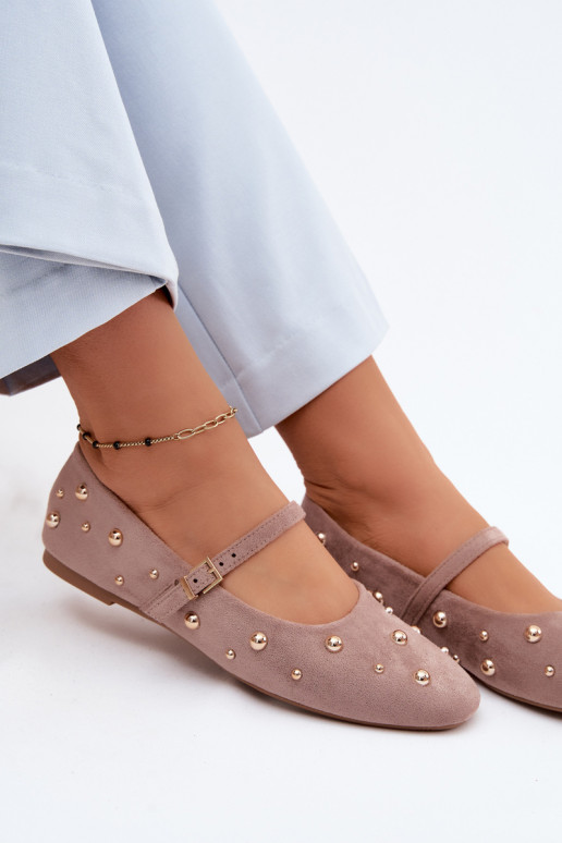Cuddly Dark Beige Embellished Ballerinas With Strap