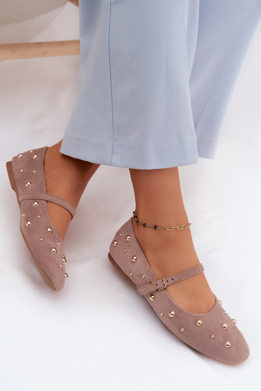 Cuddly Dark Beige Embellished Ballerinas With Strap