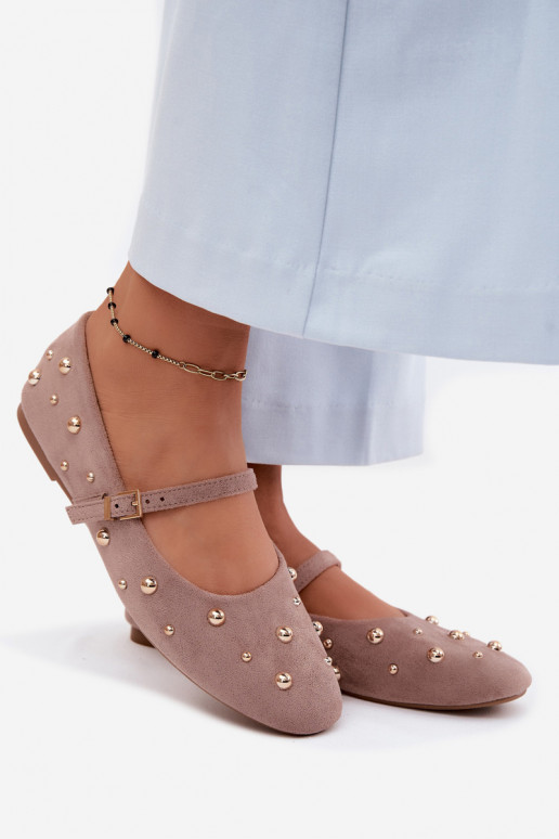 Cuddly Dark Beige Embellished Ballerinas With Strap