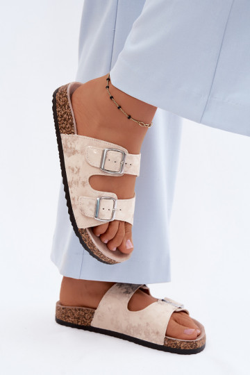 Women's Cork Heeled Sandals With Straps Beige-Gold Vivio