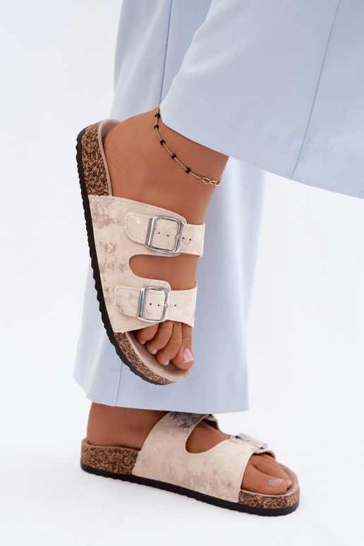 Women's Cork Heeled Sandals With Straps Beige-Gold Vivio