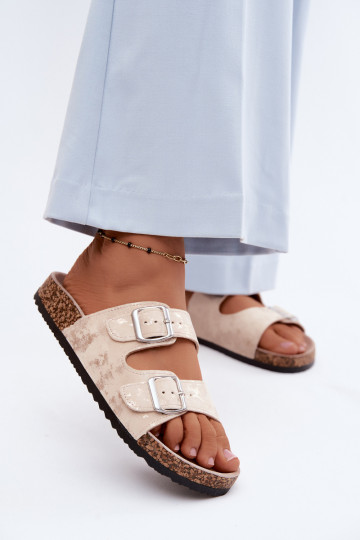 Women's Cork Heeled Sandals With Straps Beige-Gold Vivio 2