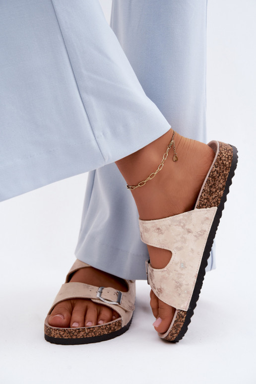 Women's slippers on cork with buckles in sand and gold Vivio