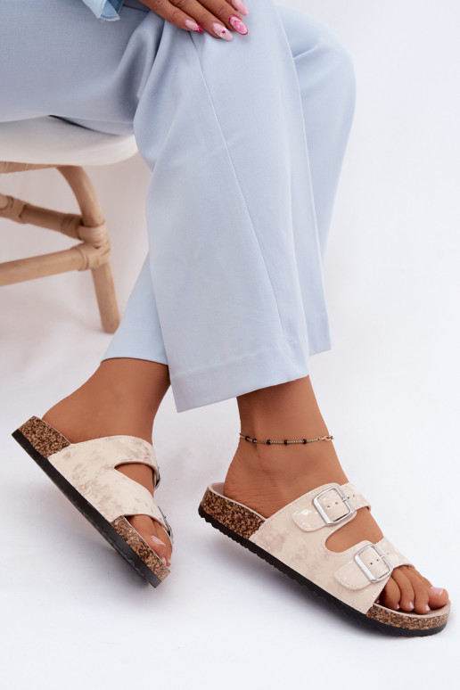 Women's Cork Heeled Sandals With Straps Beige-Gold Vivio