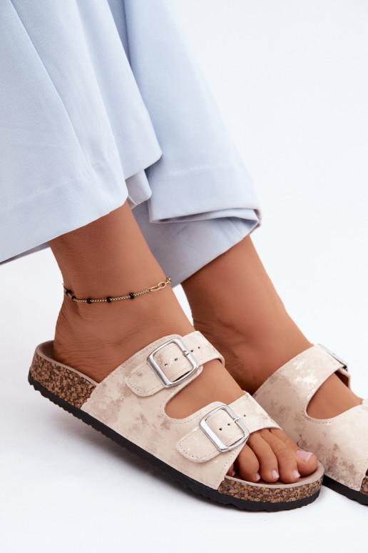 Women's Cork Heeled Sandals With Straps Beige-Gold Vivio