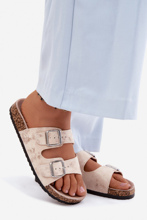 Women's slippers on cork with buckles in sand and gold Vivio