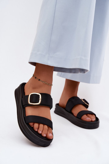 Fabric Women's Platform Slides With Straps And Gold Buckle Black Ameliette 2