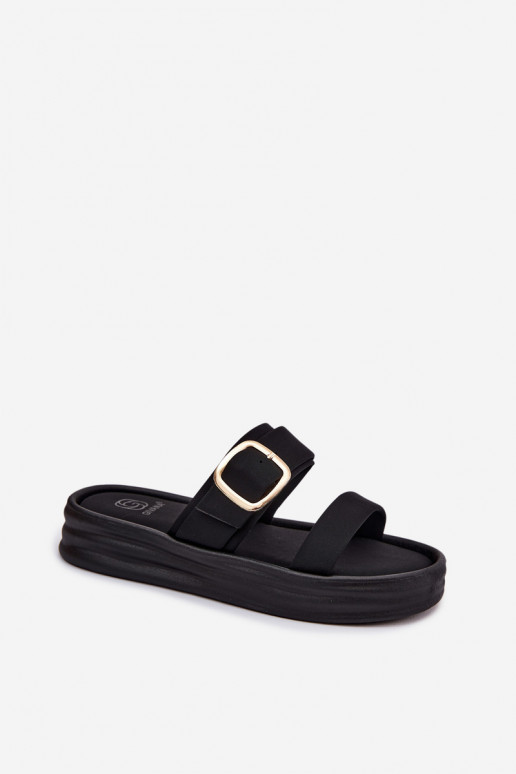 Fabric Women's Platform Slides With Straps And Gold Buckle Black Ameliette