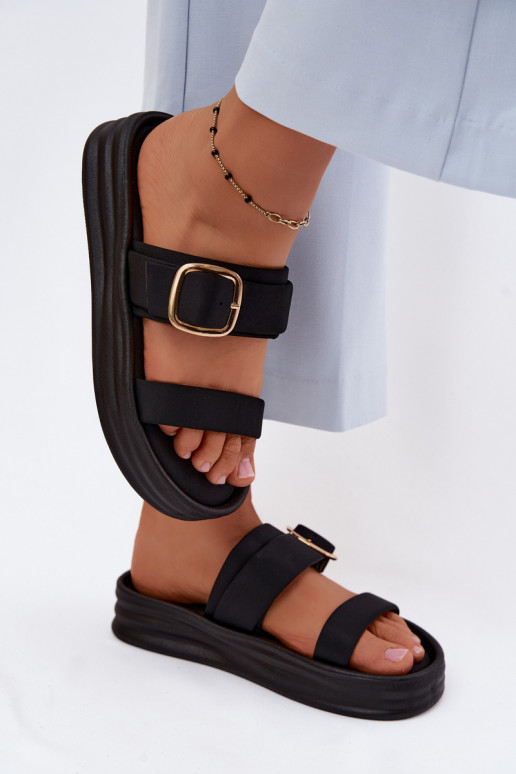 Fabric Women's Platform Slides With Straps And Gold Buckle Black Ameliette