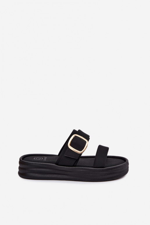 Fabric Women's Platform Slides With Straps And Gold Buckle Black Ameliette