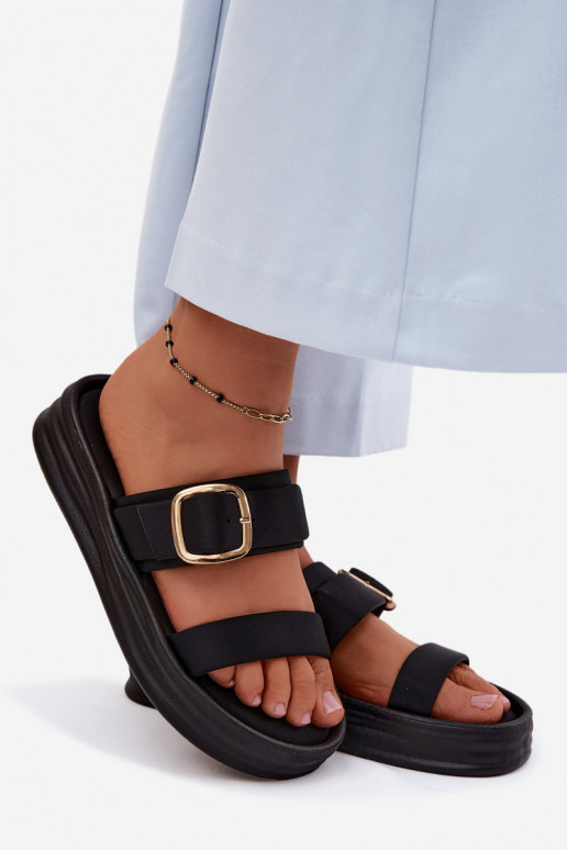 Women's slippers with a platform and straps with buckles in black color by Ameliette