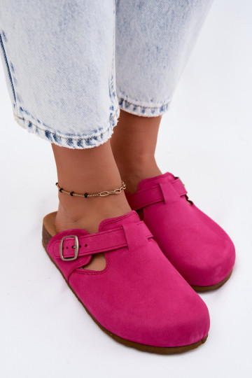 Leather Mule slippers with buckles in pink color by Zazoo