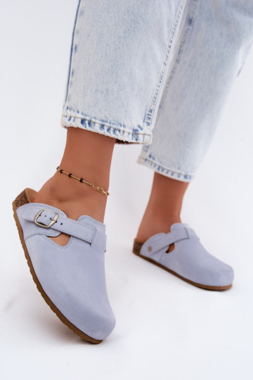 Leather Mule slippers with buckles in light blue color by Zazoo 2