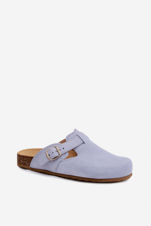 Leather Mule slippers with buckles in light blue color by Zazoo