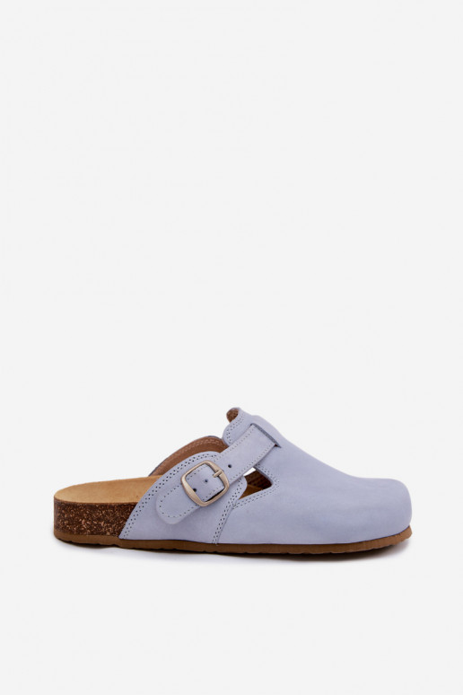 Leather Mule slippers with buckles in light blue color by Zazoo