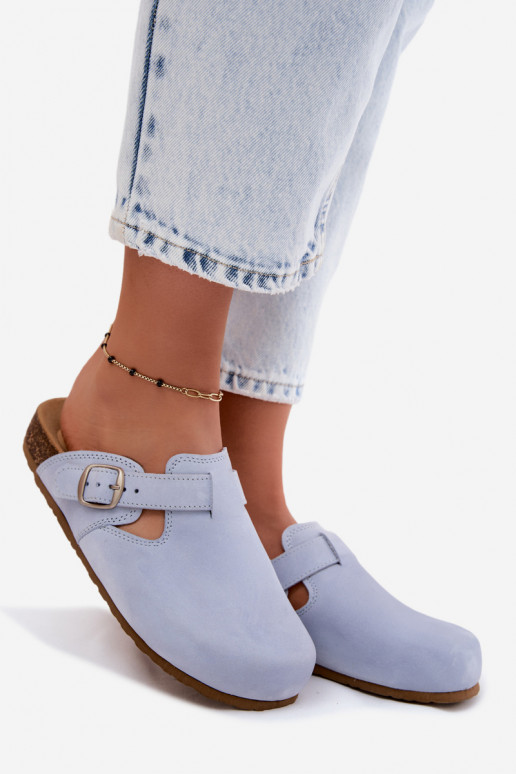 Leather Mule slippers with buckles in light blue color by Zazoo