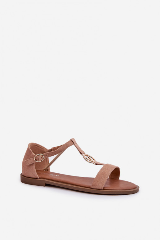 Flat Women's Sandals with Gold Ornament Vinceza 17321 Beige